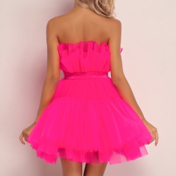 Hot pink barbie tulle ballerina mini dress bow belt kendall jenner tiered layer - Picture 7 of 9
